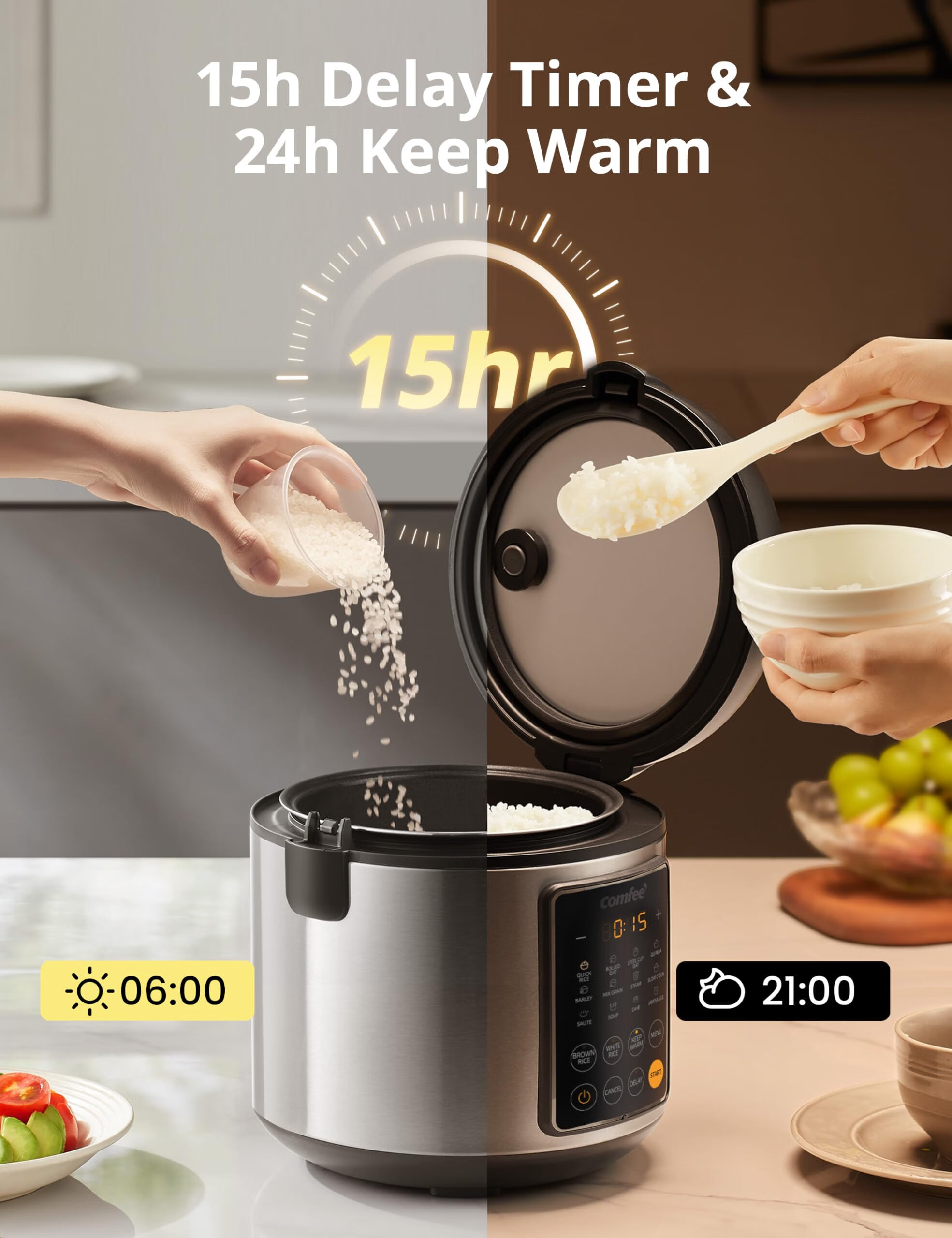 comfee 14功能5L多功能电饭煲 不锈钢内胆 需要变压器 黑色和不锈钢 14 Presets_10 Cups Uncooked