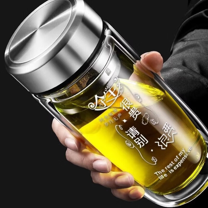 摔不烂钢化玻璃杯双层中空钢化玻璃杯摔不烂的保温水杯 400ML皮纹棕【弧度杯身双层加厚】