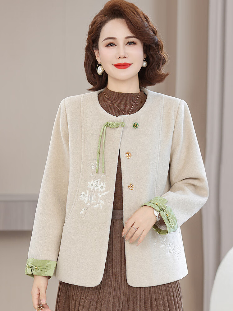 兰铂丽斯年轻妈妈装毛呢外套女秋冬季洋气中年女士气质小香风短款呢子大衣 米色 4XL 【135-145斤】