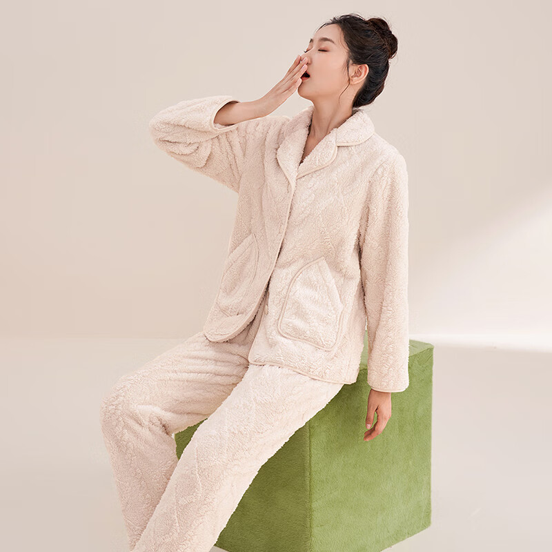 安之伴女士睡衣秋冬季甜美可爱舒适宽松版翻领长袖长裤开衫家居服套装 米白【软糯有弹性-超锁温】 S