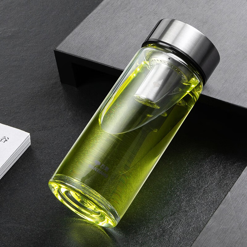 玻璃杯男女士家用户外便携泡茶车载水杯透明大容量茶杯 钛银色-拉丝杯