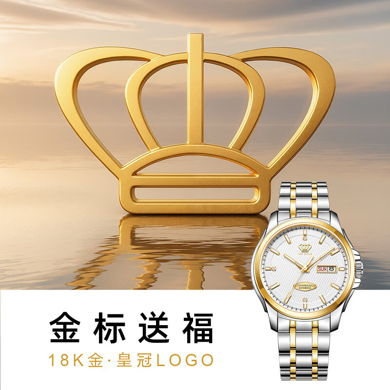天王（TIAN WANG）男表机械表钢带双日历夜光品牌腕表防水国表生日礼物送老公51507 【金标送福】18K金LOGO尊享版