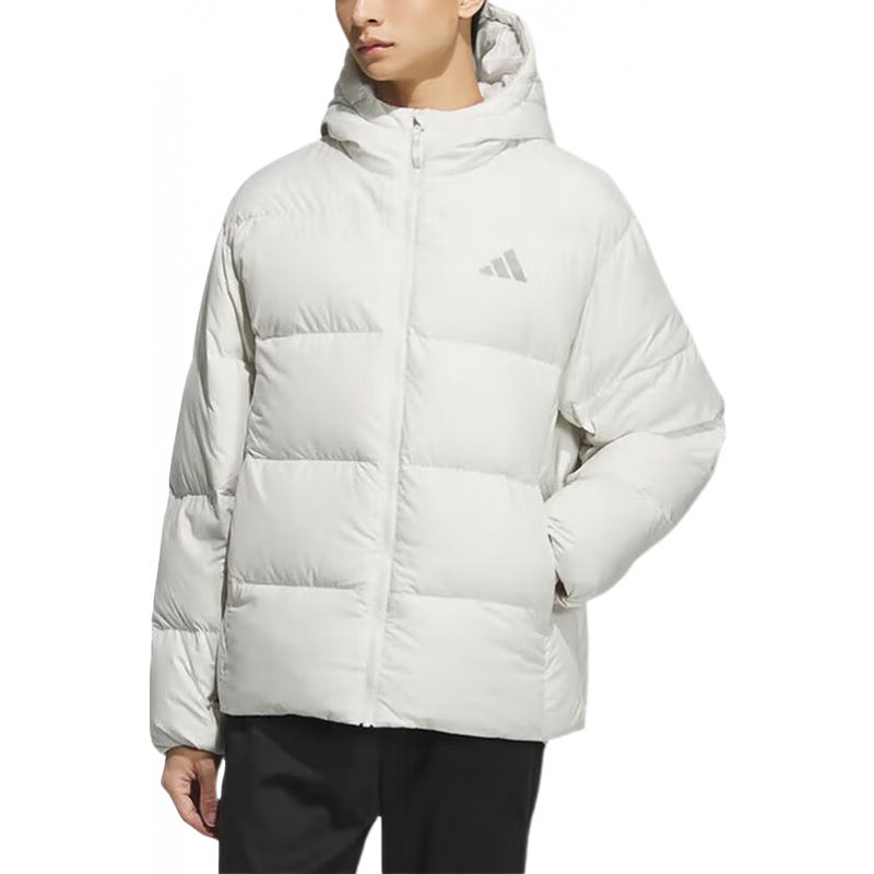 阿迪达斯男装暖芯羽绒服 25冬季新款拒水防风保暖600蓬鸭绒连帽短款面包服 KC2477 帆白 L
