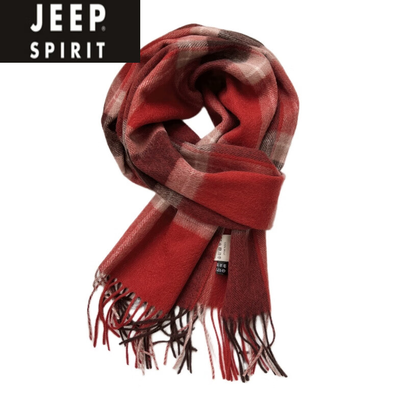 JEEP SPIRIT澳洲wool纯羊毛围巾女冬季感新款英伦风格子围脖生日礼物 米白浅咖条纹 （澳洲羊毛）