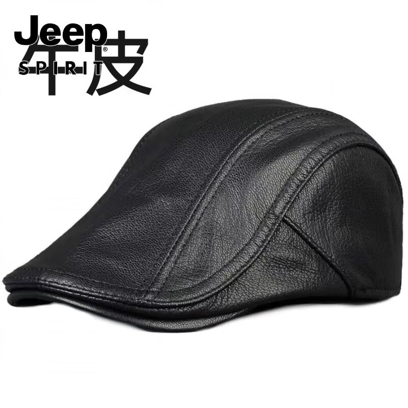JEEP SPIRIT秋冬新款真皮帽子男真皮鸭舌帽户外中老年贝雷前进帽薄款单帽 黑色 均码 59-60