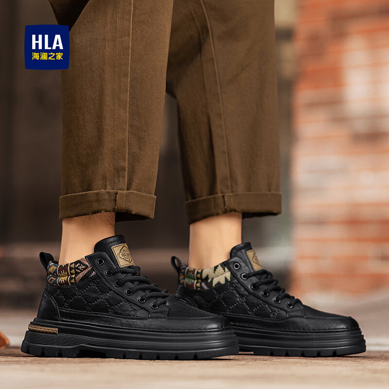 海澜之家（HLA）靴子男款冬季新款增高马丁靴男高帮工装靴子百搭英伦复古加绒棉靴 黑色 40