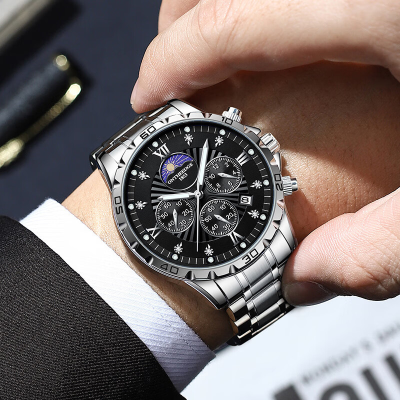 瑞之缘(ONTHEEDGE)四眼六针运动机械表盘男士手表防水夜光时尚高颜值石英表送礼物 银蓝钢【终身质保+送精美礼盒】