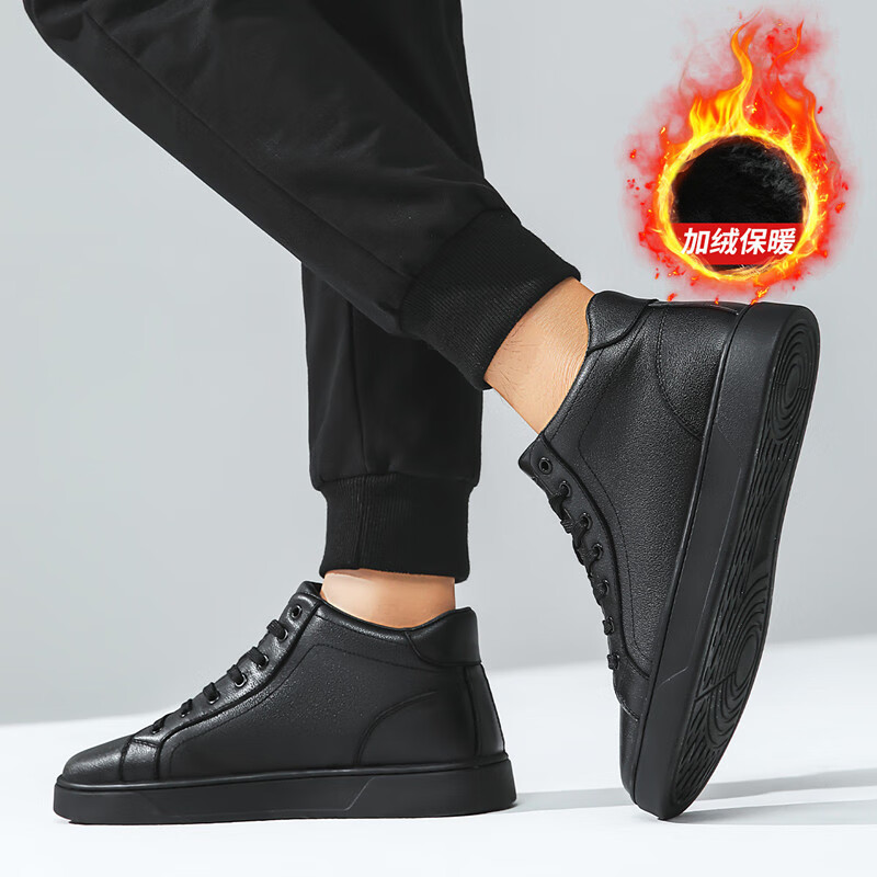 木林森休闲皮鞋男高帮头层牛皮爸爸鞋软皮软底马丁鞋秋冬加绒保暖男鞋 D3242898M黑色 38