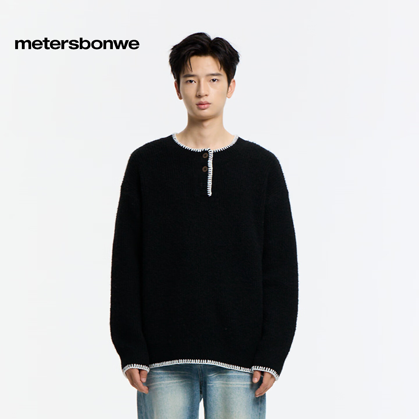 美特斯邦威男毛衣2025冬季新款通勤撞色半开纽扣宽松圆领毛衫上衣 影黑 L 175/96A