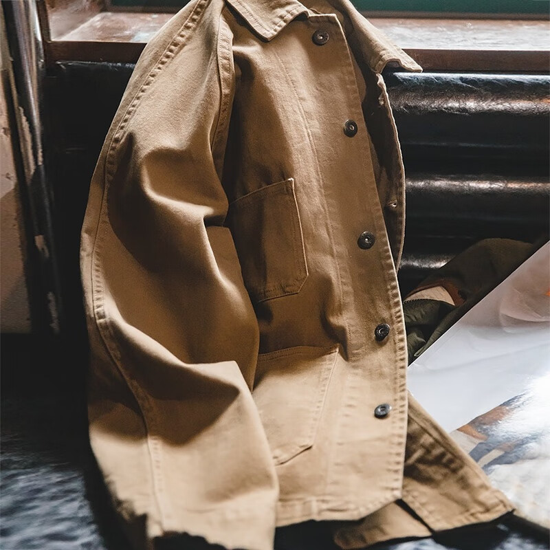 马登工装美式复古重磅夹克男巴黎扣vintage翻领男士外套春秋薄款 咖啡色 【宽松/休闲风/衣服男装】 L