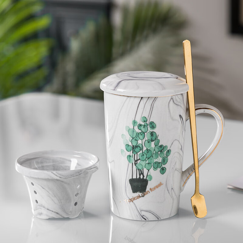 【严选好货】创意日式潮流陶瓷咖啡杯家用带勺盖家用礼品马克杯伴 描金圆币草灰茶隔+勺盖 401-500ml