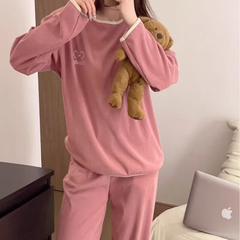 雅鹿德绒保暖睡衣女秋冬季长袖套装可外穿刺绣米奇居家服套装大码胖mm 米奇头紫色 M