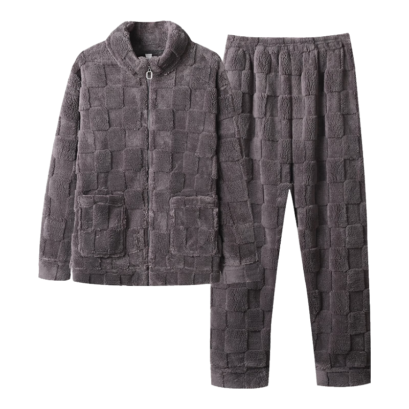 雪中飞睡衣冬季男2025年新款拉链加绒加厚珊瑚绒可外穿大码家居服套装 NSCJF-深灰方格拉链 L 【建议110-130斤】