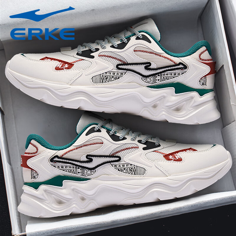 鸿星尔克（ERKE）男鞋2025秋冬新款增高休闲老爹鞋官方正品皮面保暖黑色软底运动鞋 微晶白/深沼泽色2004（皮网四季款） 43 【退换无忧】