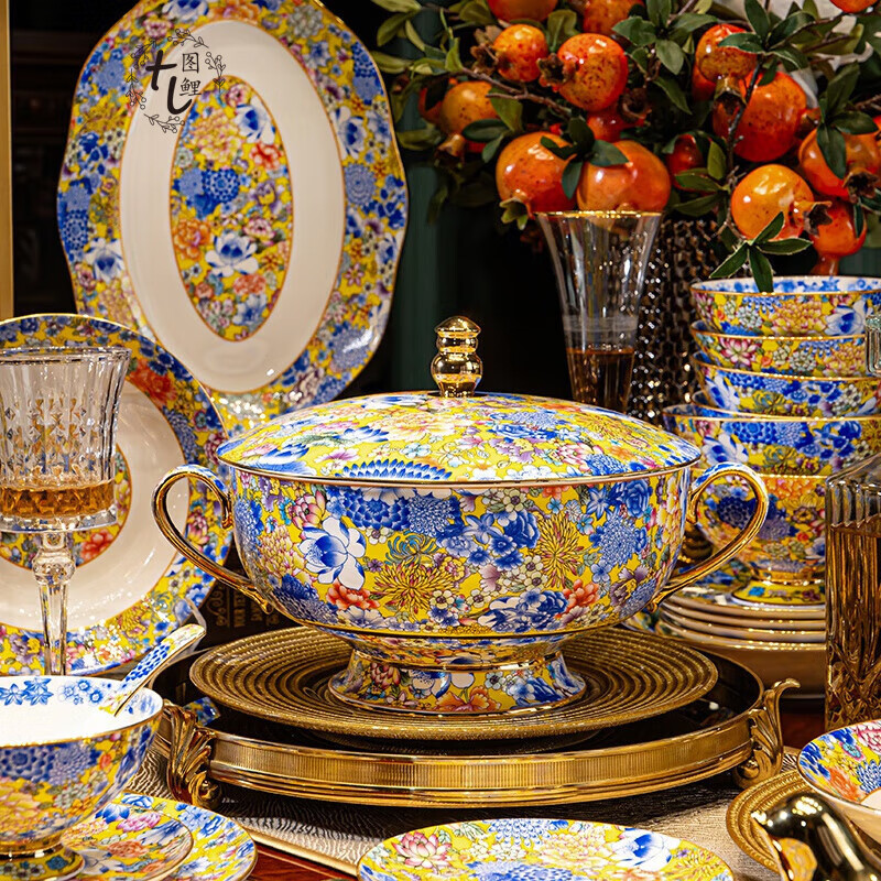 图鲤新款景德镇轻奢珐琅彩餐具宫廷风万花珐琅彩碗盘碟家用整套送礼 珐琅彩金地万花 70头