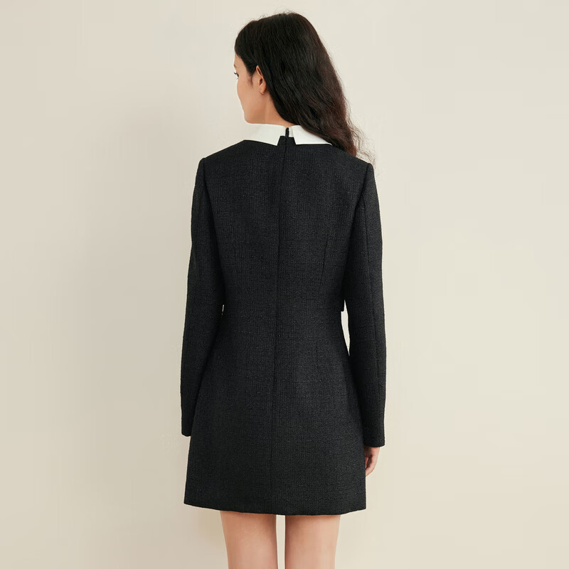 乐町假两件小香风连衣裙女蝴蝶结胸针可开门襟连衣裙 黑色（现货） S