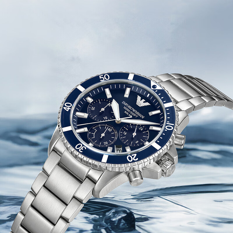 EMPORIO ARMANI阿玛尼手表官方正品男士太阳能三眼计3.8女神节友送男友礼物 银色AR11681 43.5mm