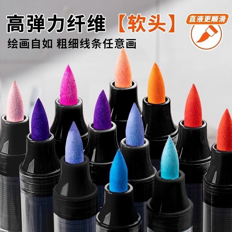 得力（deli）直液式丙烯马克笔软头不透色可叠色美术专用小学生24色丙烯笔画画笔幼儿园水彩笔颜色笔初中生专用 【24色】直液软头丨智能控墨丨叠色不透纸