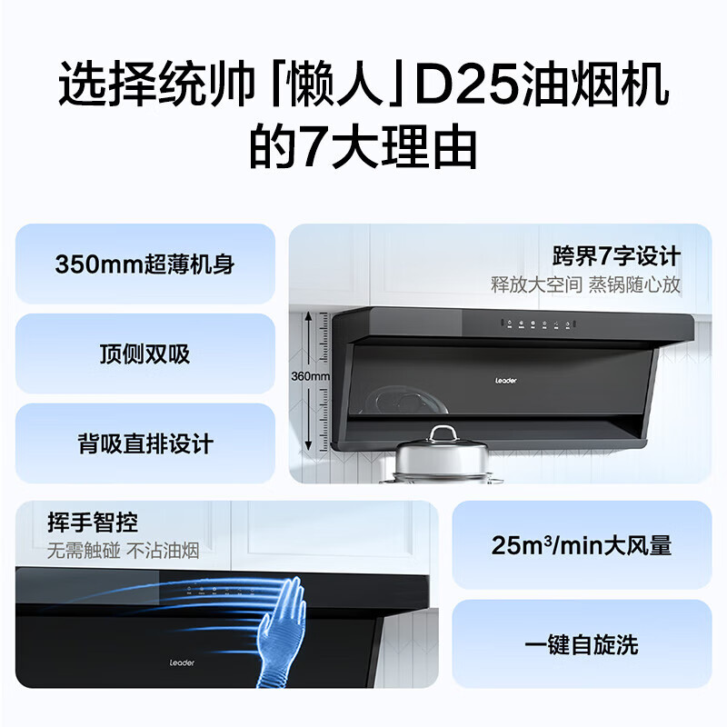 海尔（Haier）抽烟机统帅Leader顶侧双吸油烟机25m³大吸力触控面板家用易清洗排烟机 【超薄】25大风量烟机