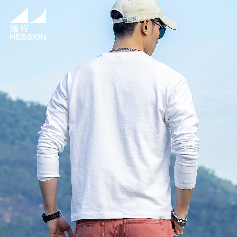 海行户外透气纯棉t恤男亨利衫男士休闲polo衫长袖上衣内搭打底衫 白色 2XL (参考170-195斤)