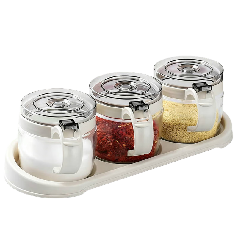 夢(mèng)庭(MENGTING)調味盒調味罐 調料瓶 家用玻璃鹽罐3件套裝(配勺子托盤(pán))