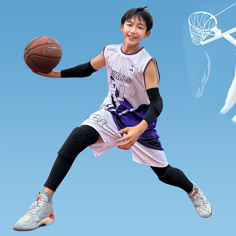 TEEIS德国儿童篮球护膝6-12岁青少年套装运动员专用专业防护摔足球护肘 专业儿童护膝丨两只装丨黑色 L丨适合85-120斤