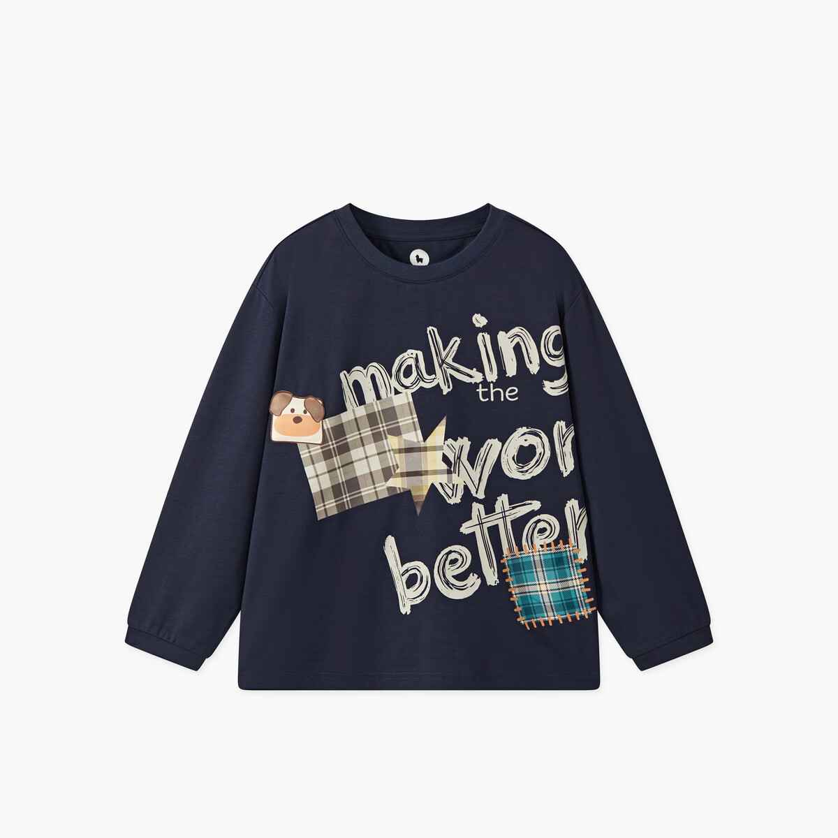 马骑顿(MQD)男童25秋新款学院风街潮撞色领口卡通长袖T恤亲肤打底衫内搭 藏青 140