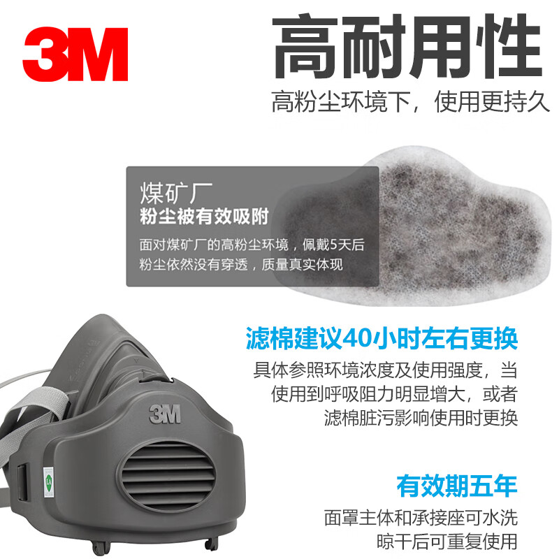 3M防尘口罩防工业粉尘打磨煤矿井下专用防毒面具高效呼吸防护面罩 3200防尘面罩+2片3701滤棉（KN95级)