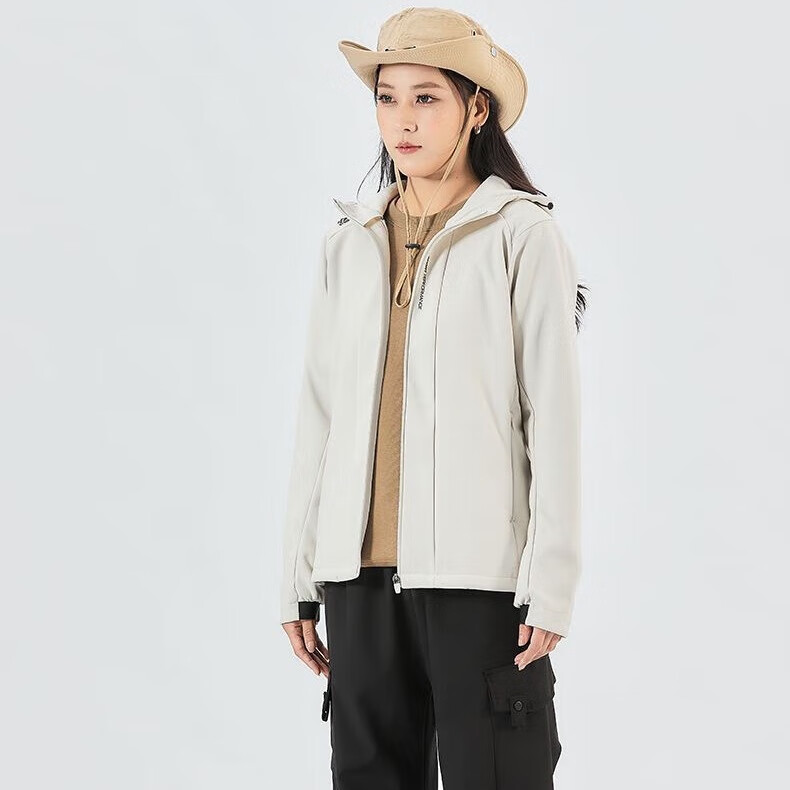 图途户外软壳外套连帽加绒防风运动外套秋冬登山上衣休闲外套 沙丘白 M