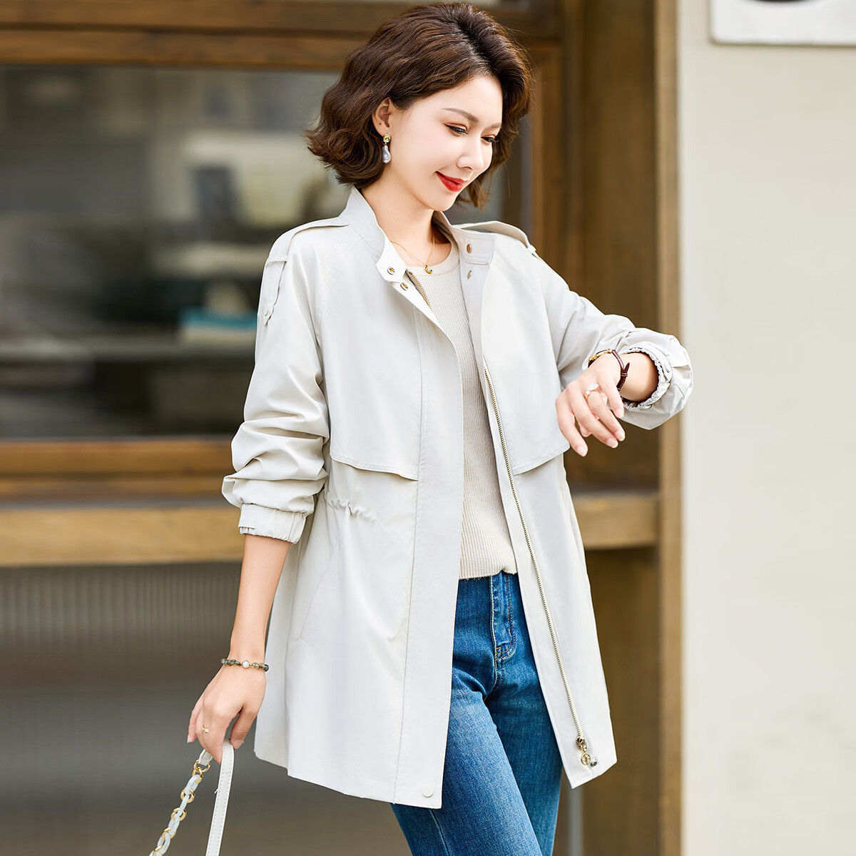 简狐春秋妈妈装中年女士时尚气质风衣秋季中长款长袖立领上衣秋装外套