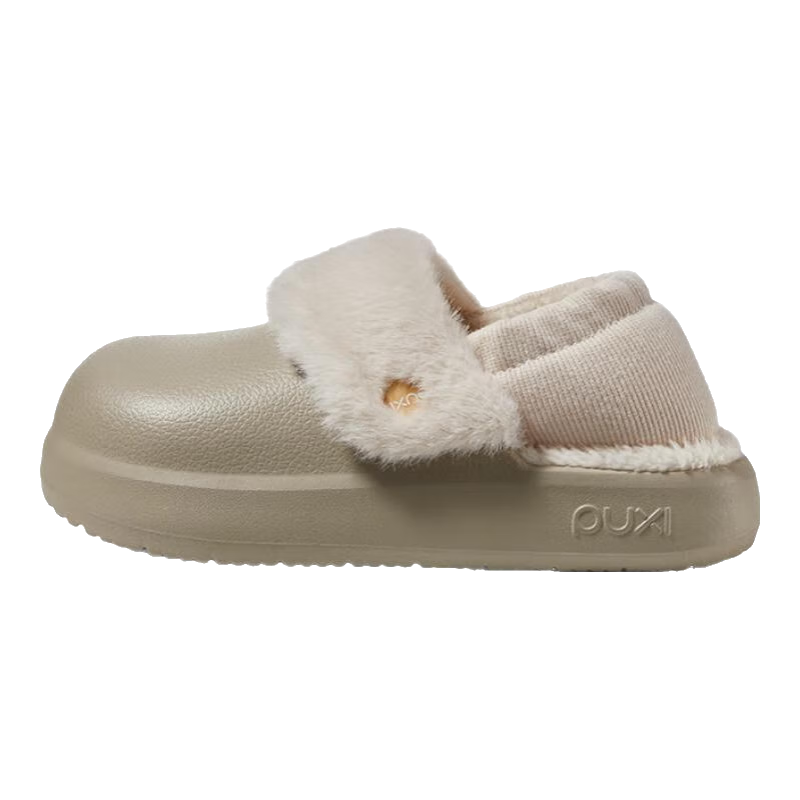 樸西厚底防水棉拖鞋女士冬季外穿加絨加厚保暖家居包跟踩腳情侶棉鞋女 卡其色 38-39