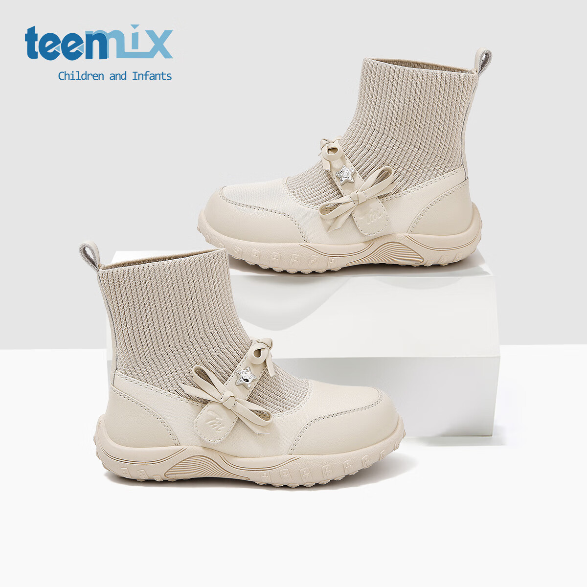 天美意天美意童鞋2025年春秋新款小女孩蝴蝶结公主靴女童百搭中大童袜靴 米色 31