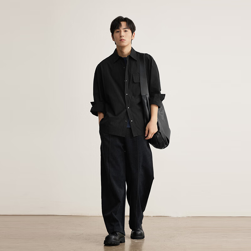 MARKLESS秋季新款衬衫男100%棉尖领宽松上衣纯色亲肤长袖衬衣外套CSB5506M 黑色 常规 M