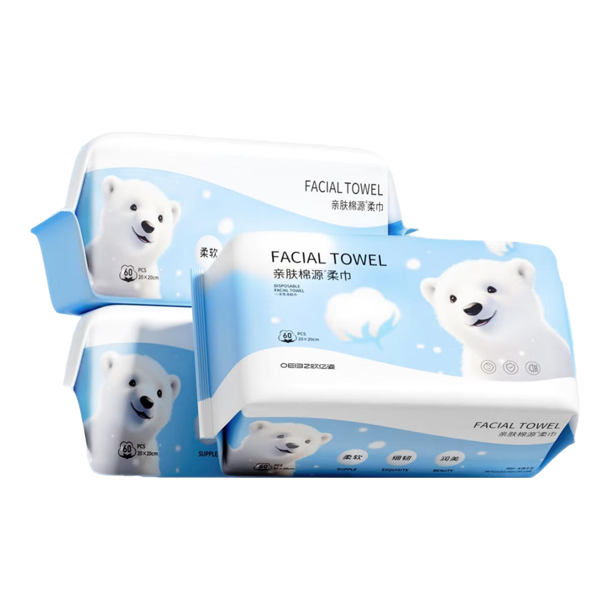 歐億姿（oeiez）100%棉源柔巾全棉洗臉巾加厚卸妝棉毛巾化妝棉兒童擦臉巾純棉面巾 60抽 5包 100%棉源【超厚90g/㎡ 加大20*20cm】