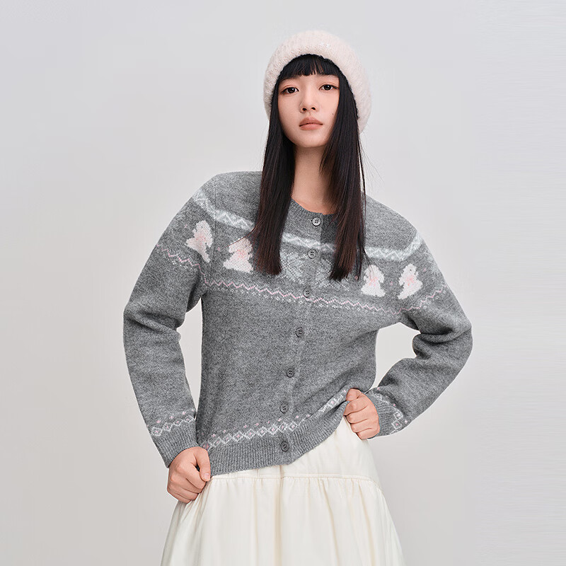 乐町【费尔岛】兔子提花针织开衫女秋冬新款纹样系列正肩内搭上衣 锡灰色（现货） S