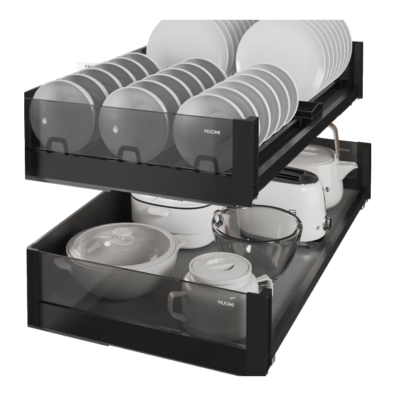 诺米厨房橱柜拉篮抽屉式收纳架碗碟大容量收纳抽屉式碗碟架置物架 750柜双层套装（平篮+碗篮）-洛世奇系列