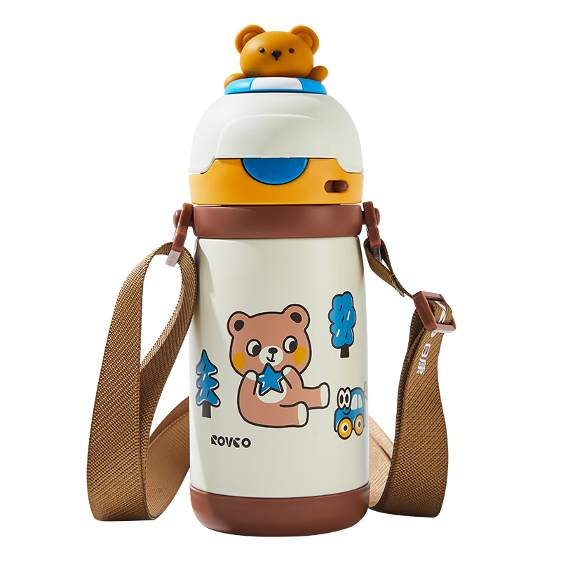 日康（rikang）保温杯 儿童水杯316不锈钢学生杯幼儿园上学专用水杯 【便携背带】B4025-1 黄咖色 400ml