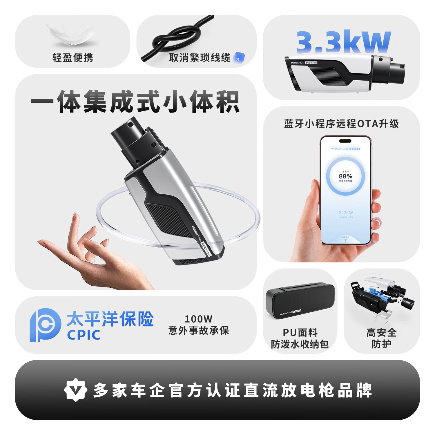 杭科唯电电动车直流口对外放电枪额定3kW便携式唯电宝2mini标准版 适配于特斯拉蔚来别克零跑五菱小鹏MONA
