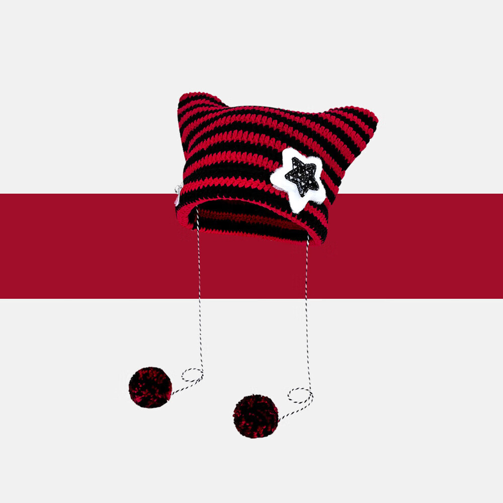 【甄选好物】亚比风猫咪耳朵帽子女秋冬y2k条纹针织帽韩版可爱保 张元英同款【黑色】