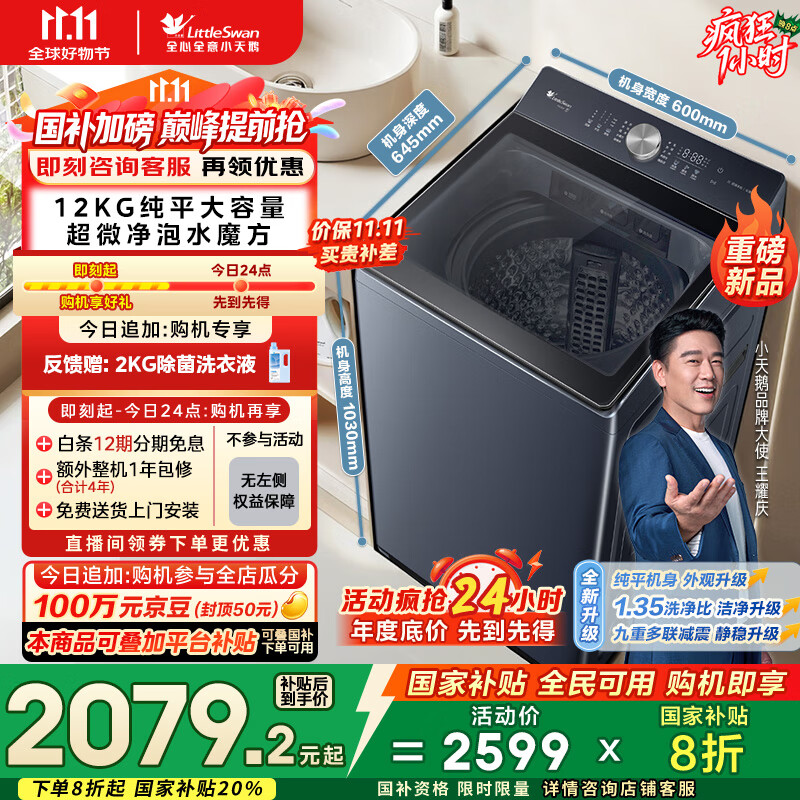 小天鹅（LittleSwan）波轮洗衣机全自动【TB12U2】水魔方防缠绕 超微净泡 12公斤大容量 纯平 家电国家补贴20% 以旧换新
