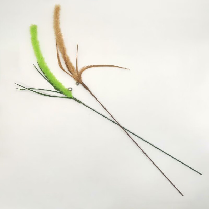 仿真植物狗尾巴草麦穗羽毛长杆逗猫棒带铃铛耐咬神器互动猫咪玩具 仿真小麦(一支，绿色)