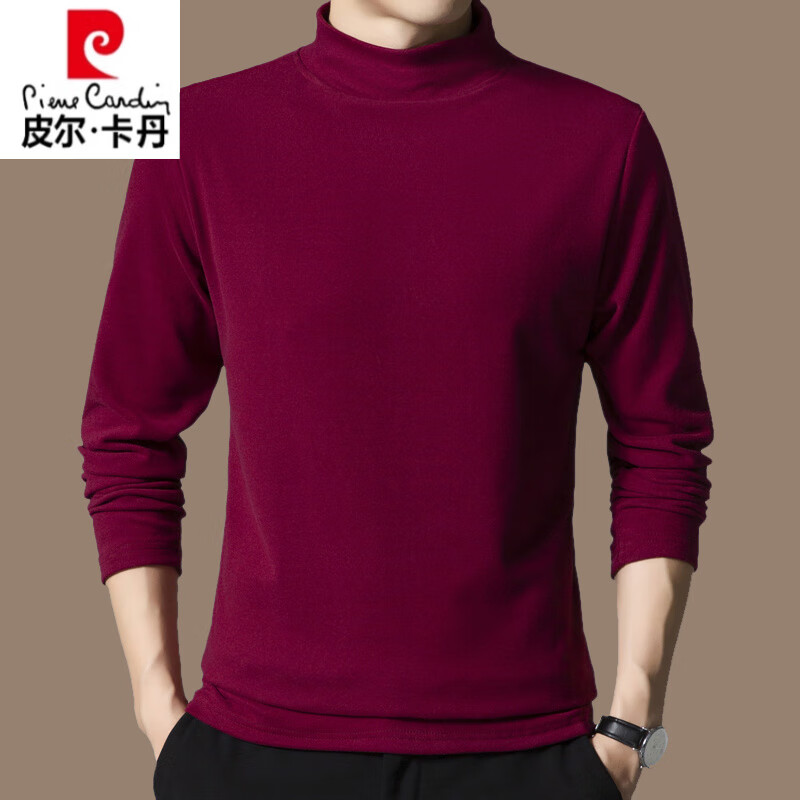皮尔卡丹冬季中年保暖内衣男士德绒单件上衣打底衫半高领加厚秋衣长袖t恤 红色101 中领双面德绒 M 165 120斤以下