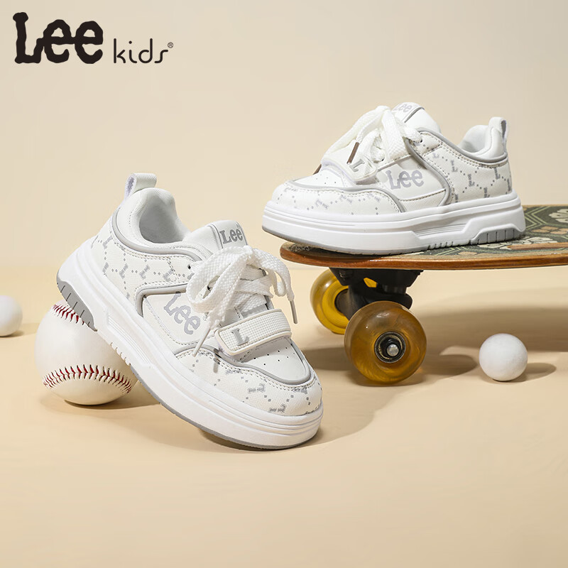 Lee童鞋儿童运动鞋【魔术贴小白鞋】春季校园透气男女童休闲板鞋 米白 28 【建议脚长174mm】
