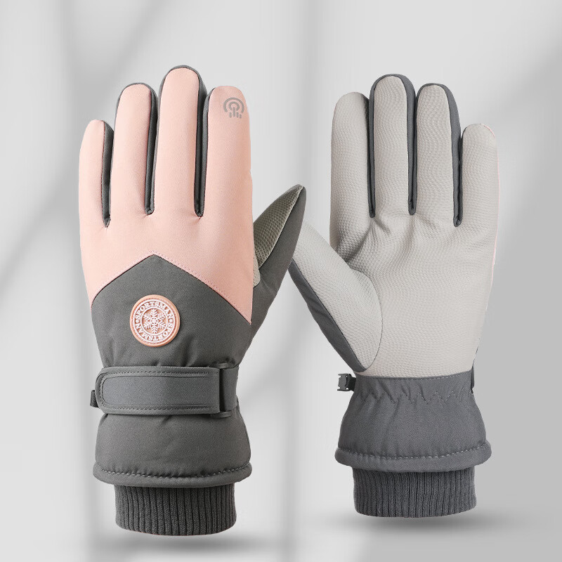雪梦思念滑雪手套男女防水触屏加绒户外骑行电动车防风防寒保暖厚 粉色女士 均码