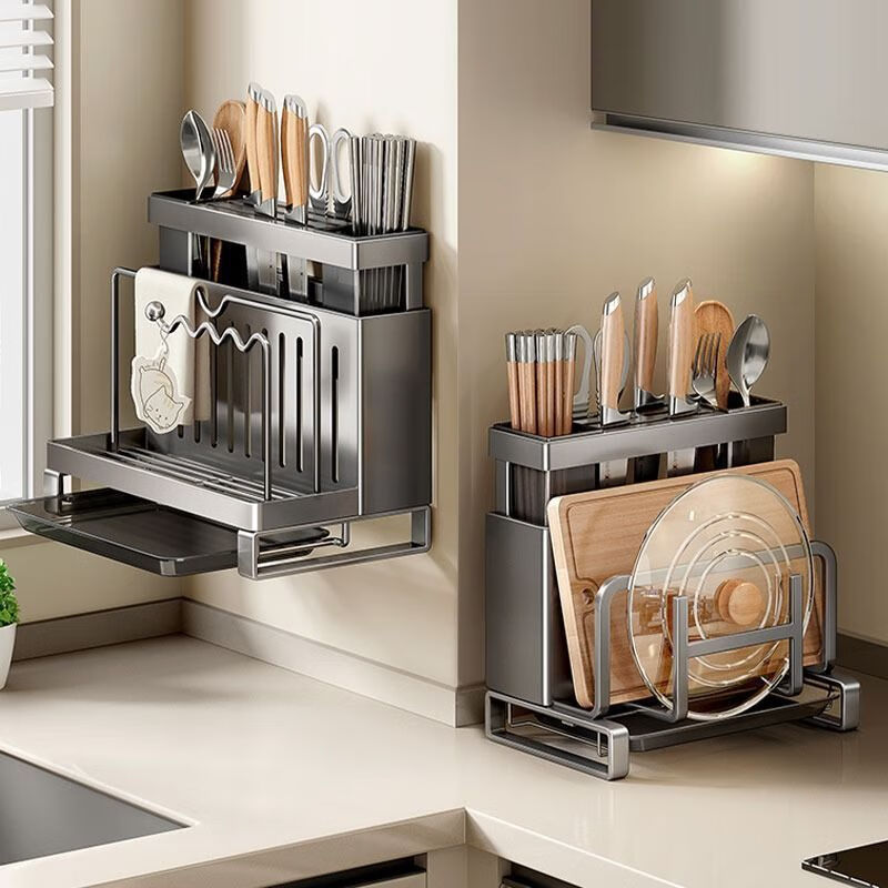 泰禧阁厨房刀架家用菜刀筷子筒砧板锅盖架菜板多功能刀具一体刀架收纳架 经典黑【双筷筒】砧板架+锅盖架+挂钩*4 台面款【优质碳钢  分区收纳】