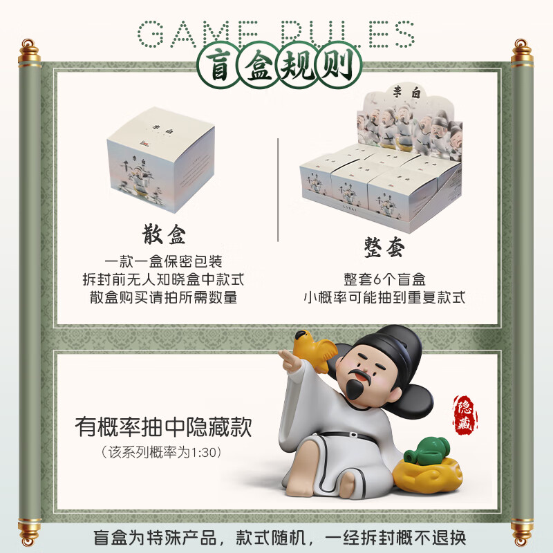 如果国风摆件潮玩盲盒桌面装饰办公桌创意文创手办儿童礼品生日礼物女 西安文创李白盲盒(整套六个)