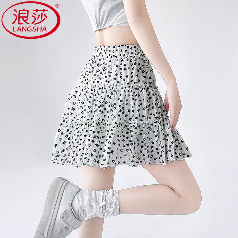 浪莎碎花短裙子女夏季新款半身裙高腰显瘦蛋糕裙小个子百搭潮流A字裙 黑色 XL 【推荐126-140斤】