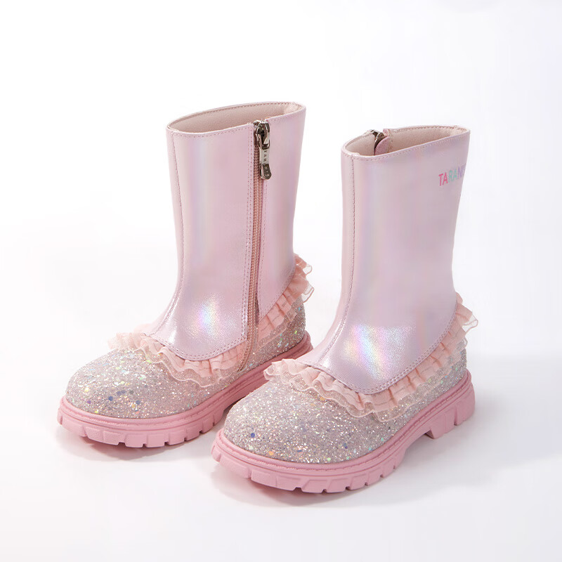 泰兰尼斯童鞋儿童马丁靴秋季新款高筒靴甜酷短靴软底女童鞋长筒靴 粉红色 25 _内长16.0cm适合脚长15.0cm