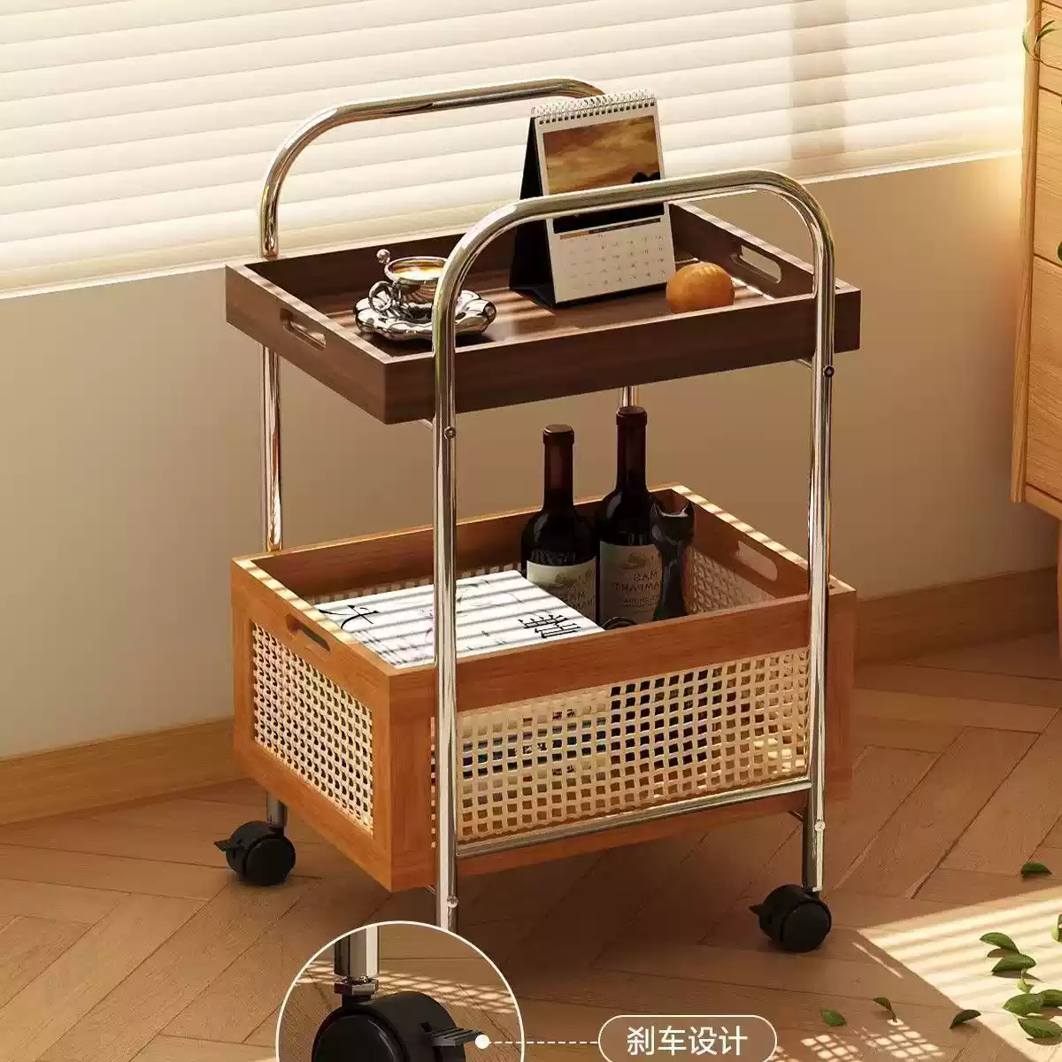 【厂家直销】小红书不锈钢DIY带轮置物架零食化妆推车可移动落地 复古色两层整套