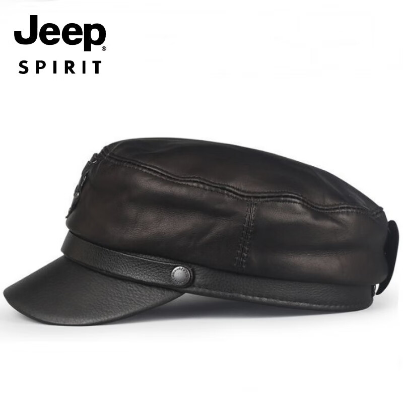 JEEP羊皮真皮帽子潮鸭舌男女平顶朋克秋冬季军帽英伦中老年人机车冬天 黑色羊皮 M 大码XXL(适合59-60c围)